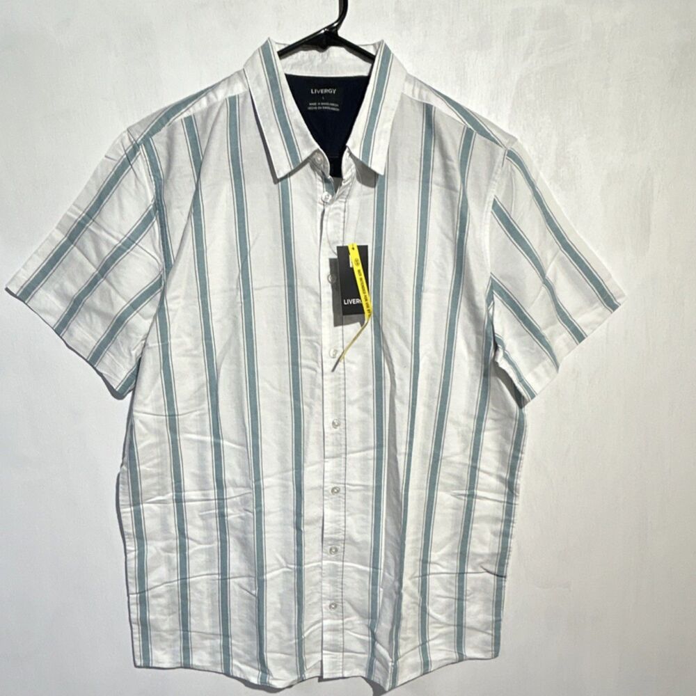 Livergy striped woven cotton short sleeve button-up shirt mens L